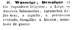 Listing of their showcase of Lefaucheux cartridges at the Exposition Universelle de 1867 à Paris. 