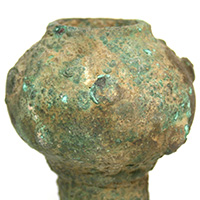 This is the classic Luristan form of a bronze knobbed mace head. The Luristan archaeological area is a historic territory of western Iran amidst the Zagros Mountains. This mace was probably made by the Cimmerians or the ancient Persians-Medes during the Iranian bronze age of 2900 to 1250 BC.<a class="macecolorred" href="../images/maces/luristan2.jpg">Click Here to see a larger version of this image.</a>